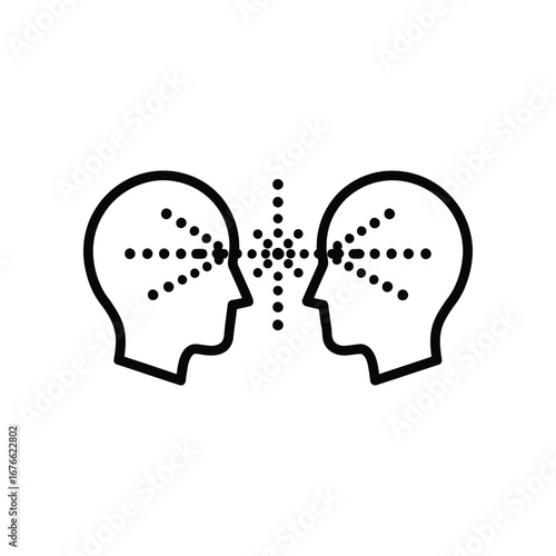 Mind Sync: An illustration depicting two heads facing each other with radiant dots, symbolizing the concept of telepathy, deep connection, or shared consciousness.