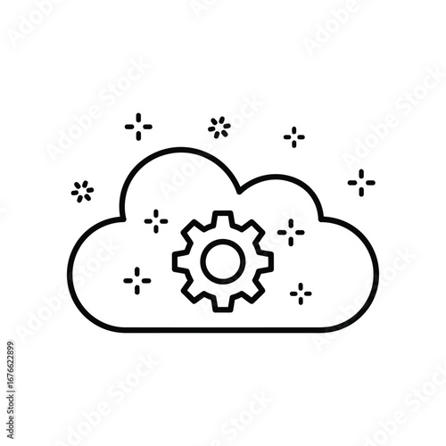 Cloud Technology Concept: A minimalist line art illustration depicts a cloud with a gear inside, surrounded by starburst elements, representing the concept of cloud technology, data storage.