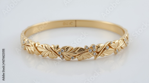 Modern gold bracelet with engraved leaf pattern and diamond details, isolated on white background