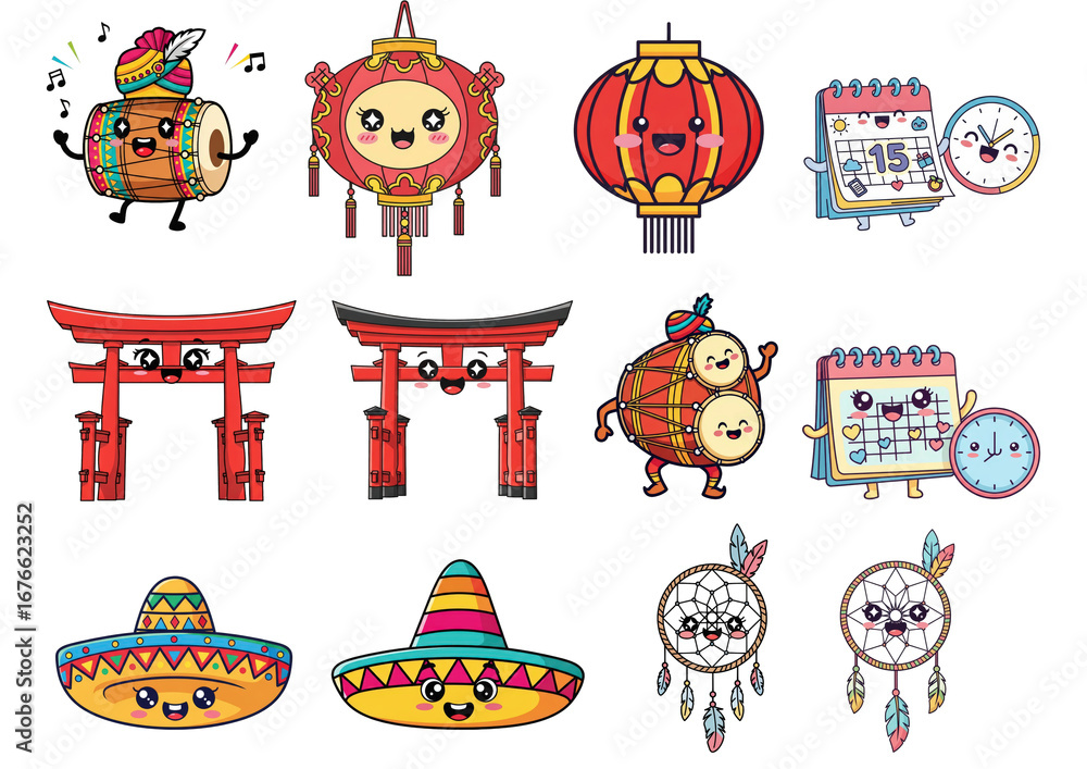 Fototapeta premium Charming Cartoon Cultural Icons: Lanterns Sombreros and Dreamcatchers.