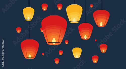 Floating lanterns with warm light, red and yellow paper lamps on dark background