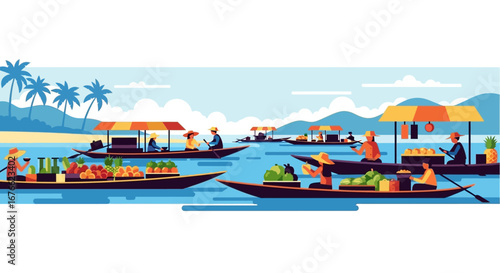 Floating Market Scene with Vendors and Buyers in Traditional Boats