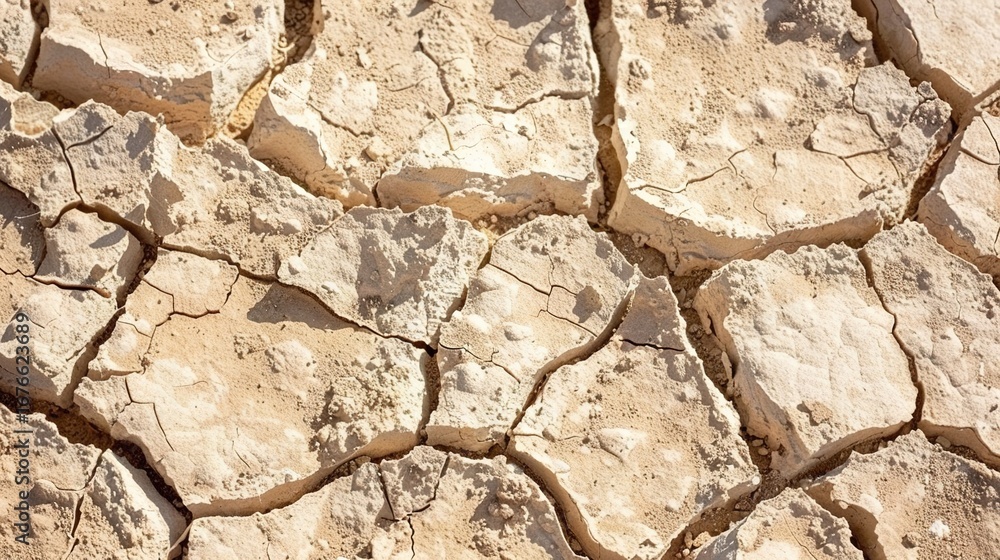 Fototapeta premium Dry cracked earth texture with deep fissures showing geological layers, drought and climate change concept, arid landscape and global warming effects. 