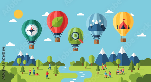 Four colorful hot air balloons with unique designs floating above a landscape