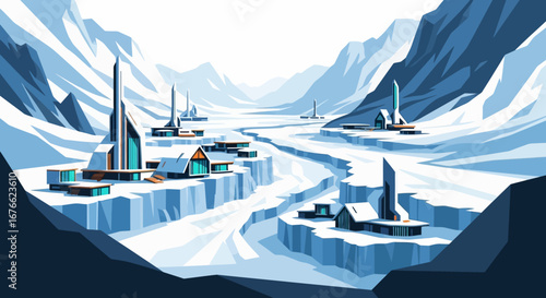 Futuristic Arctic Settlement Nestled Amidst Snowy Mountains and Glacial Terrain