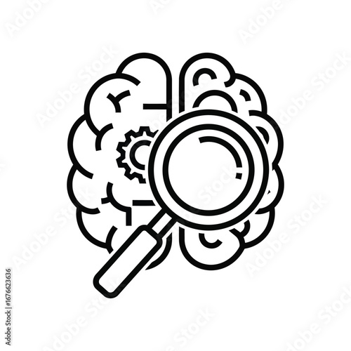 Brain investigation: The image presents an insightful illustration of a brain meticulously examined through a magnifying glass. It represents study and analysis