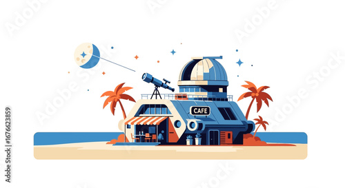 Futuristic Beachside Observatory Cafe with a Telescope