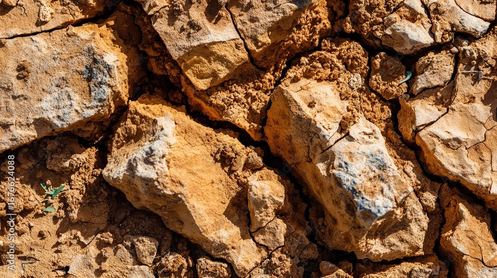 Fototapeta premium Dry cracked earth texture with deep fissures showing geological layers, drought and climate change concept, arid landscape and global warming effects. 