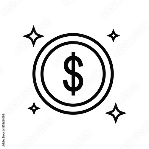 Coin of Fortune: A pristine, photorealistic depiction of a dollar coin, rendered in elegant line art. This symbol of wealth is depicted with a hint of sparkle and financial gain.