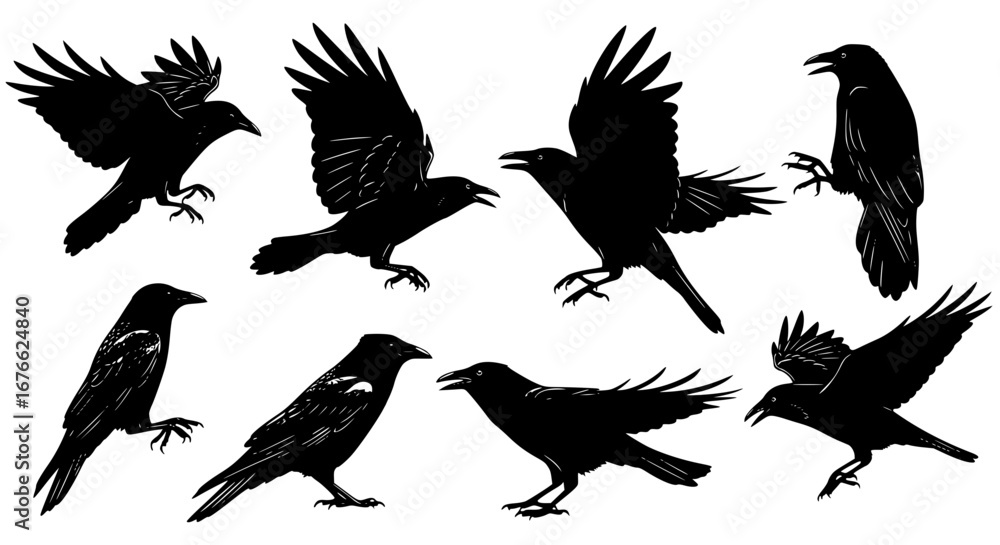 Obraz premium Vector art of silhouette of crows in different poses for POD