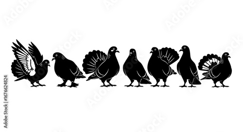 Vector art of silhouette of fantail pigeons in different poses for POD