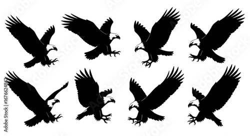Vector art of silhouette of bald eagles in various flying poses for POD