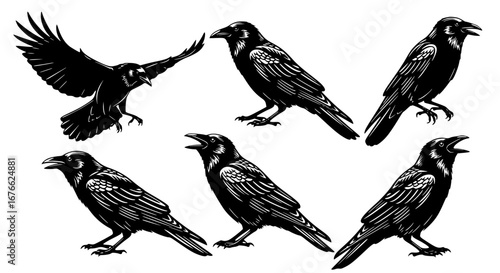 Vector art of a collection of raven illustrations in various poses for POD