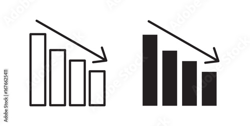 Decrease icon. Decrease, reduction, decline, drop, downturn, loss, downsizing .Vector illustration with stroke and fill on a white background.