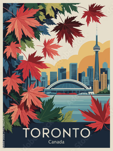 Toronto Canada retro travel poster with autumn maple leaves and CN Tower skyline in vintage style. Printable wall art for home decor, gift, or travel lovers