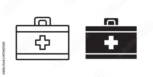 First aid kit icon . Medical box with cross. Medical emergency equipment. Healthcare concept. Vector illustration with stroke and fill on a white background.