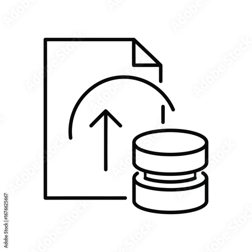 Data Upload Icon: A minimalist digital illustration portrays the act of data upload, showcasing a document being transferred to a data storage repository, such as a database. 