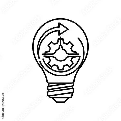 Innovation in Action: An illustration depicts a lightbulb encompassing a cogwheel with a continuous arrow, symbolizing the perpetual cycle of new ideas driving progress and creative problem-solving.