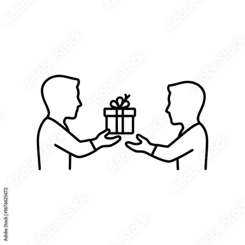 Giving and Receiving: A minimalistic line drawing illustrating the act of gift exchange. Two silhouettes depict the transfer of a present, symbolizing generosity and connection.