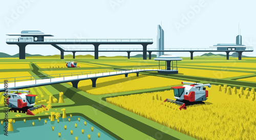 Futuristic Rice Harvesting with Combines and Elevated Structures in a Paddy Field