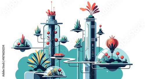 Futuristic Vertical Garden with Biodome Plant Life