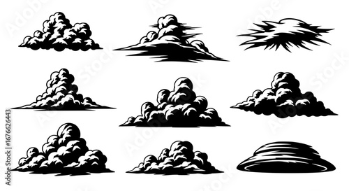 Vector art of set of nine black clouds for design needs for POD