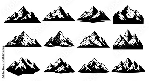 Vector art of set of twelve black mountain peaks for design needs for POD