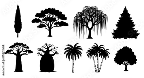 Vector art of set of different tree silhouettes for design use for POD