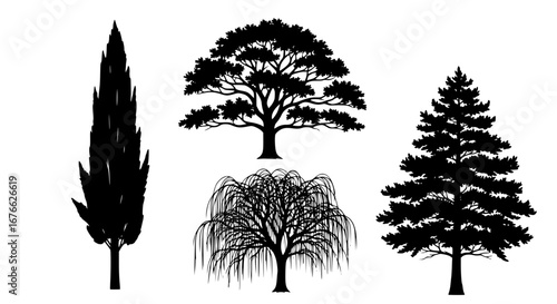 Vector art of set of different tree silhouettes for design use for POD