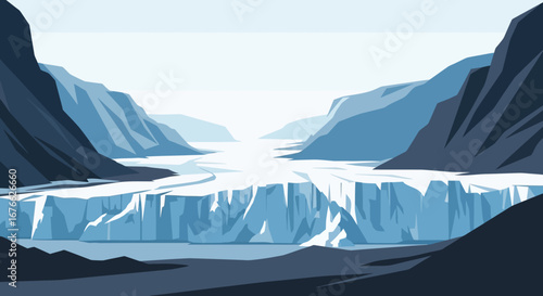 Glacier landscape with jagged ice cliffs and mountain range in cool tones