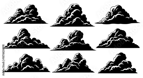 Vector art of set of nine cloud shapes in vector format for POD