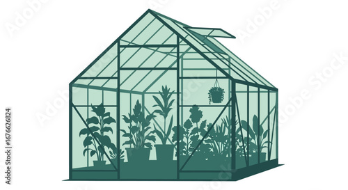Greenhouse filled with potted plants and a hanging basket, bathed in soft light