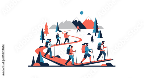 Hikers Trekking Winding Mountain Trail Scenic Landscape