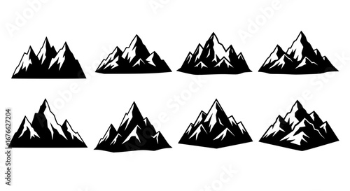 Vector art of set of eight mountain silhouettes for logo design for POD