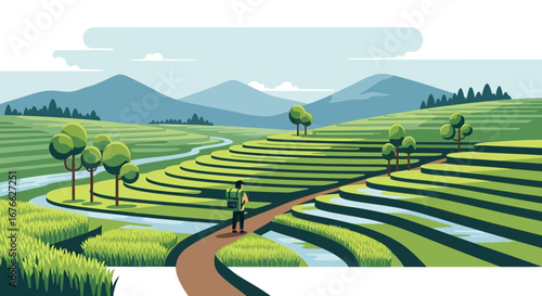 Hiker on terraced rice fields with distant mountains and winding river