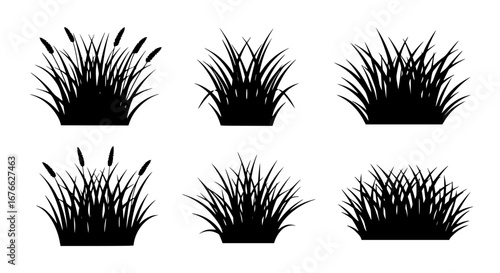 Vector art of set of grass tufts and reeds silhouettes for POD