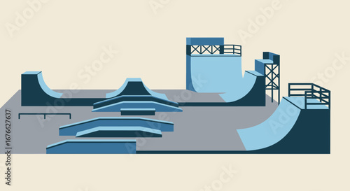 Illustrated Skate Park Design with Ramps and Platforms