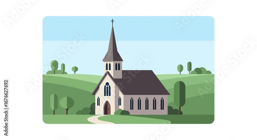 Isolated Church with Spire and Cross in a Green Field Landscape