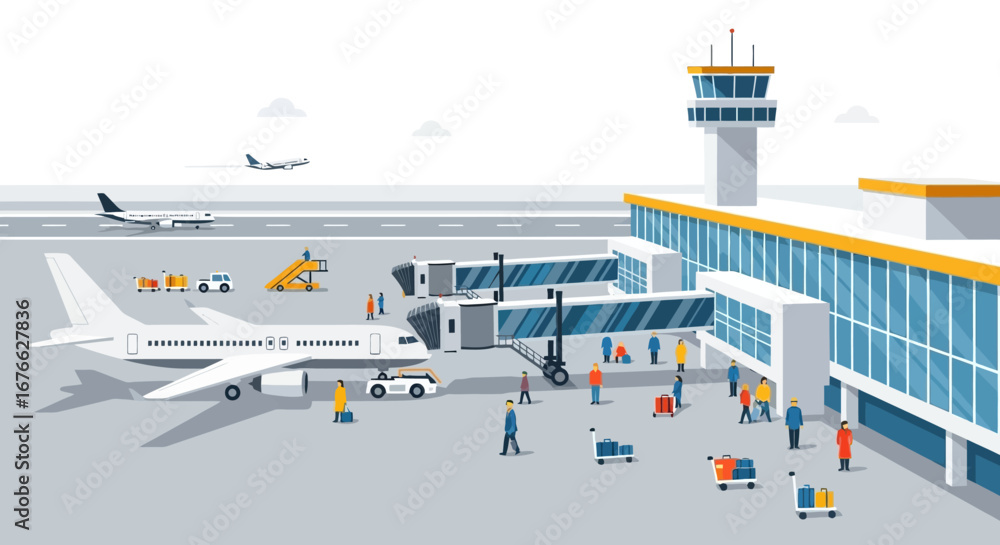 Fototapeta premium Isometric Airport Scene: Passengers, Jet Bridge, and Control Tower