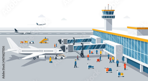 Isometric Airport Scene: Passengers, Jet Bridge, and Control Tower