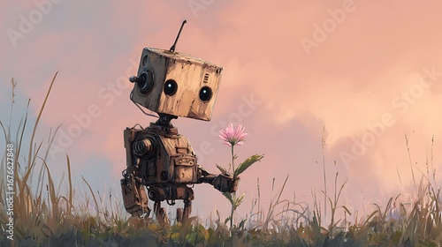 A small robot holding a pink flower standing in a field of tall grass at sunset with a pink sky