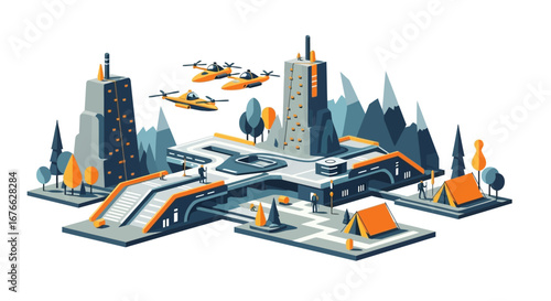 Isometric futuristic city with climbers, tents, helicopters, and mountain backdrop