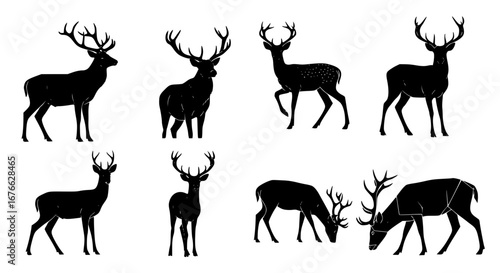 Vector art of silhouette of deer and stags with antlers for POD