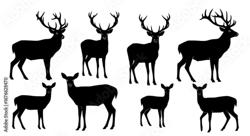 Vector art of silhouette of deer and stags with antlers for POD