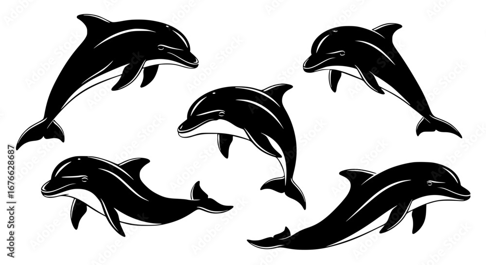 Fototapeta premium Vector art of silhouette of dolphins swimming in the ocean for POD