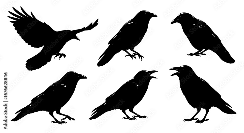 Fototapeta premium Vector art of set of raven silhouettes in various poses for POD
