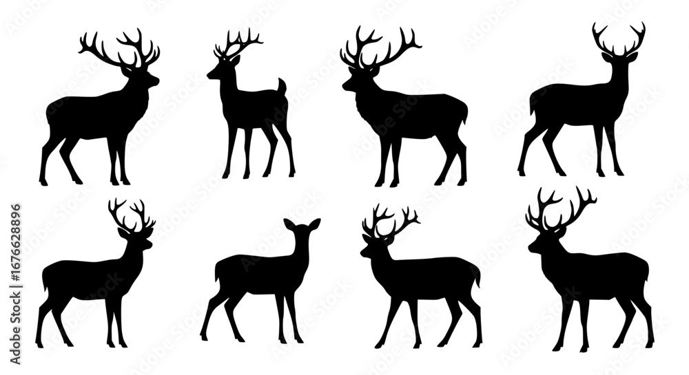 Fototapeta premium Vector art of collection of deer silhouettes in various poses for POD