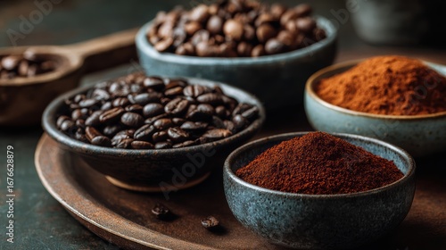 Close-up of coffee beans and powder in bowls, showcasing rich textures and colors, perfect for coffee lovers.