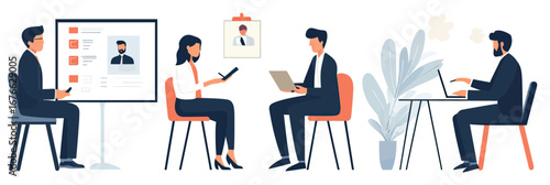 Human resources recruitment process with interviewer reviewing candidate profiles digital presentation and job applicant using laptop in modern office workspace flat vector illustration