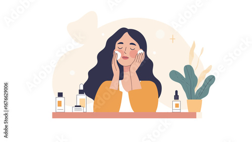 Young woman in yellow sweater applying cotton pads on face with skincare products and potted plant on table in flat minimalist style vector illustration